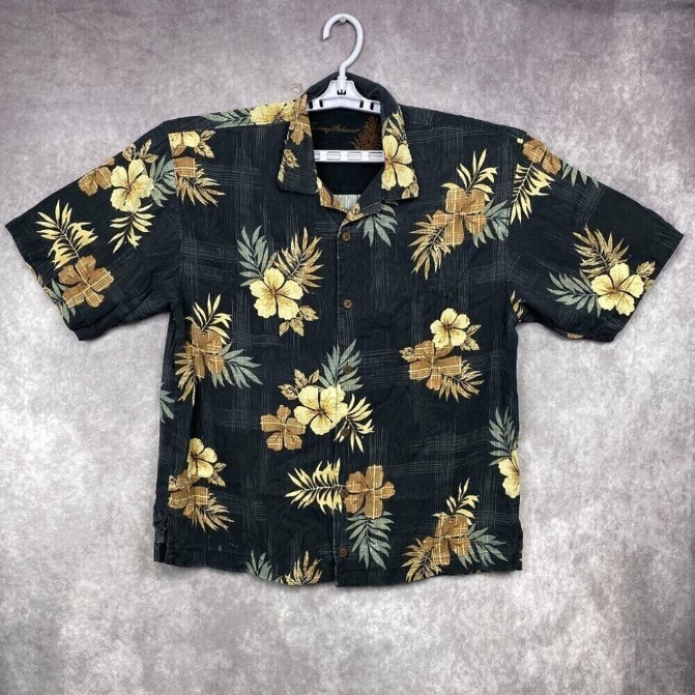 Vintage Tommy Bahama Wood Button Shirt Mens M Black 100% Silk Floral Camp